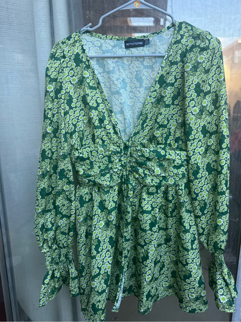 PrettyLittleThing Green Floral Tie-Front Long Sleeve Mini Dress